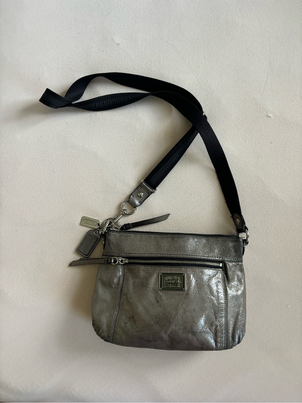 Coach Poppy Hippie Metallic Silver Leather Crossbody Bag